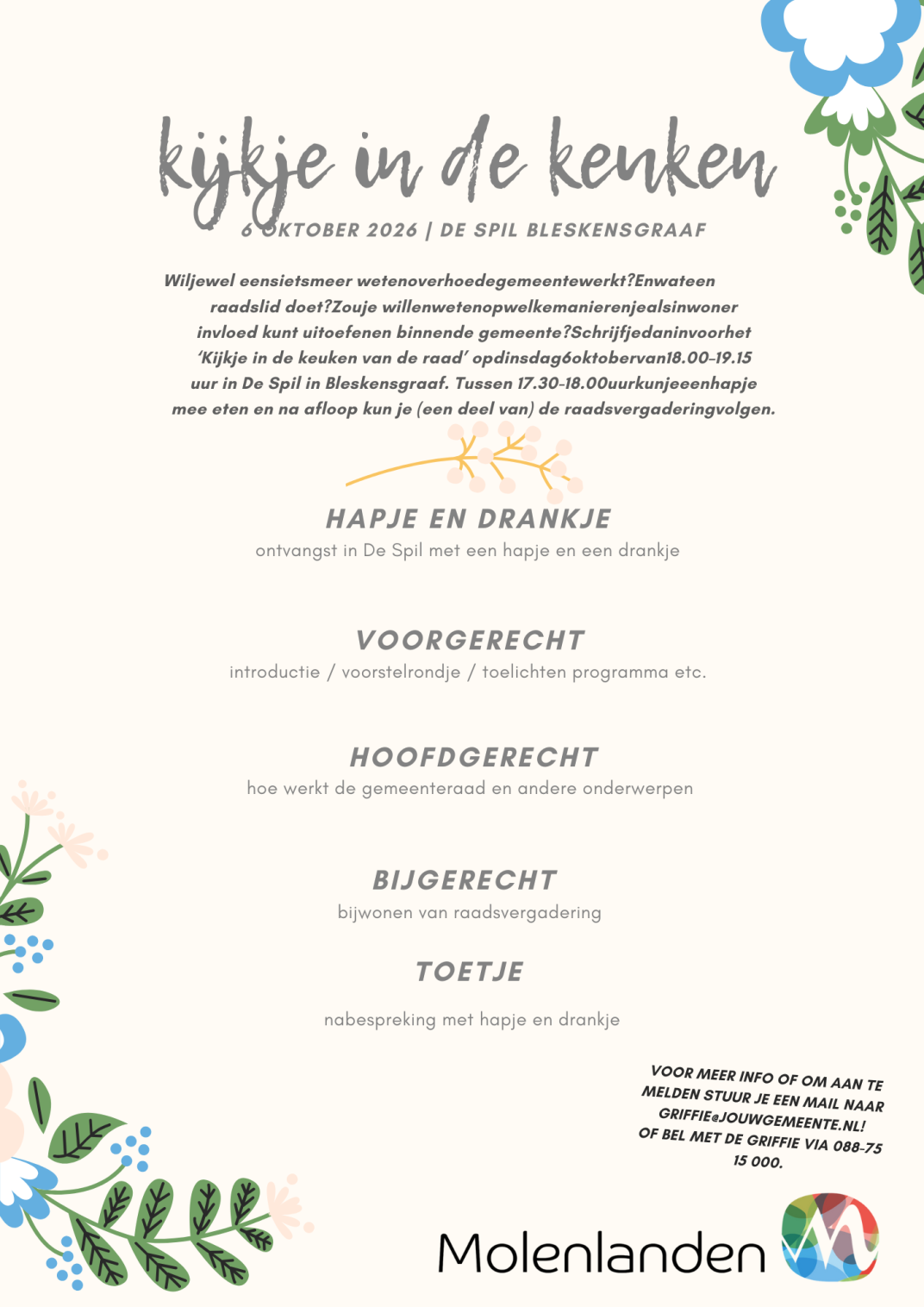 De menukaart van een Kijkje in de keuken voor inwoners 2026