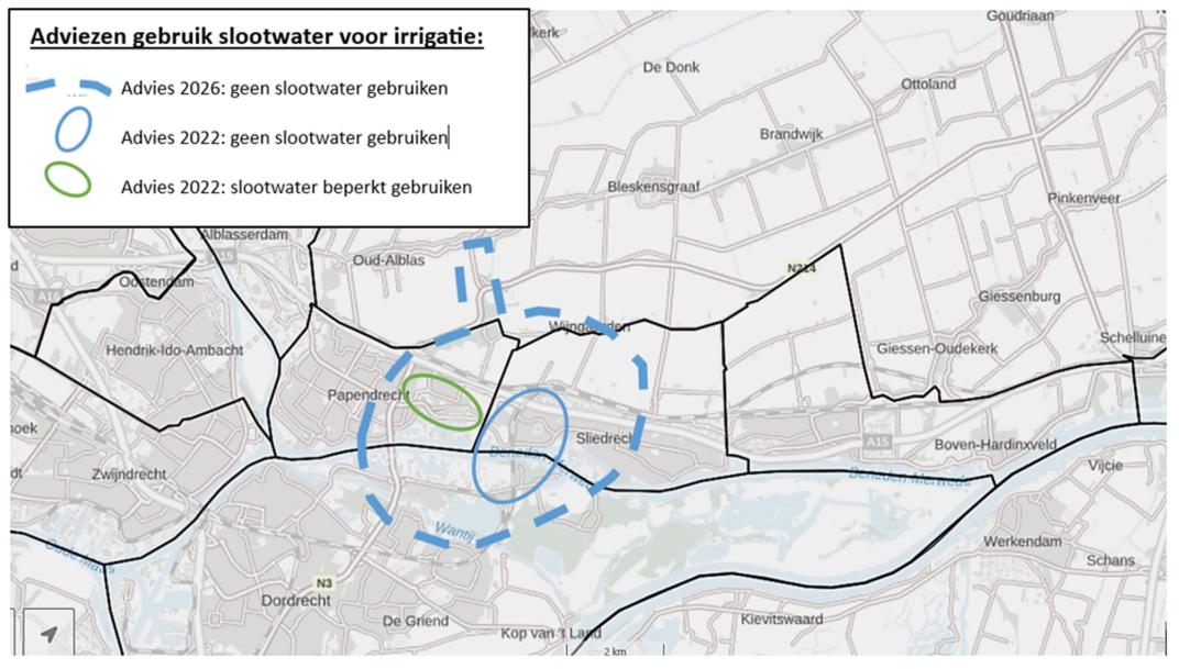 Illustratieve weergave tekst ''kaart gebied adviezen gebruik slootwater voor irrigatie''